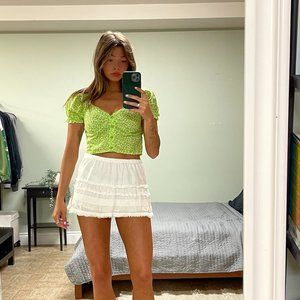 Green floral white top with button down front and puff sleeves